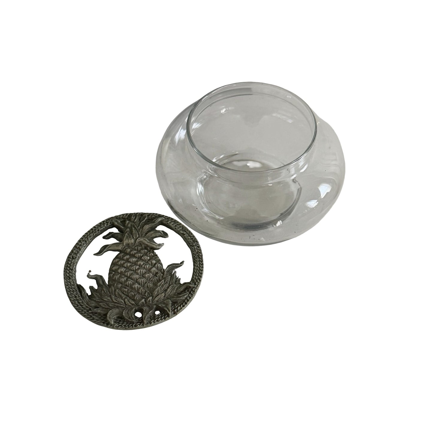 Vintage Pineapple Potpourri Bowl Glass Pewter Lid Blue Coat Inn Delaware