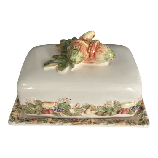 Vintage Autumn Ceramic Butter Dish with Acorn and Oak Leaf Lid