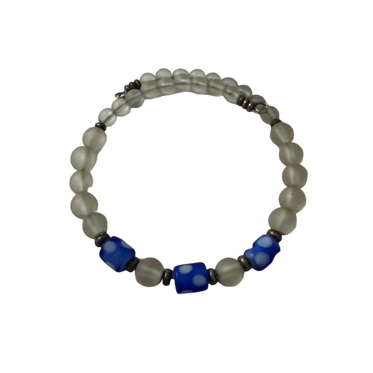 Blue White Lampwork Art Glass Frosted Bead Bracelet Silver Tone Artisan