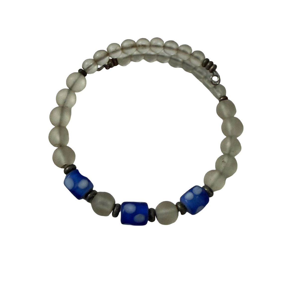Blue White Lampwork Art Glass Frosted Bead Bracelet Silver Tone Artisan