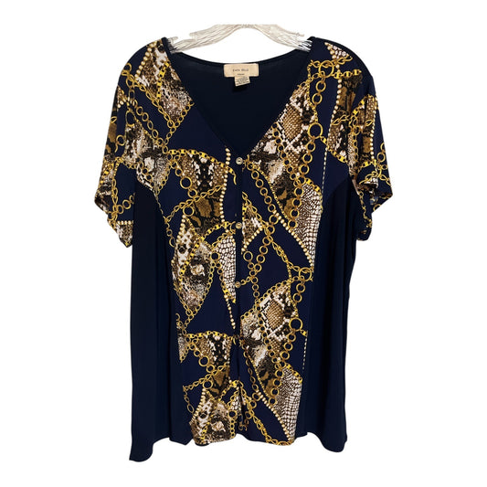 Diana Belle Women’s Plus 2X Blouse – Navy Chain & Snakeskin Print Top Short Sleeve