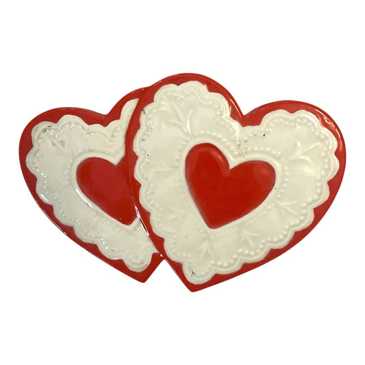 Vintage Double Heart Ceramic Trinket Box | Red & White | 1990s Valentine Keepsake Dish
