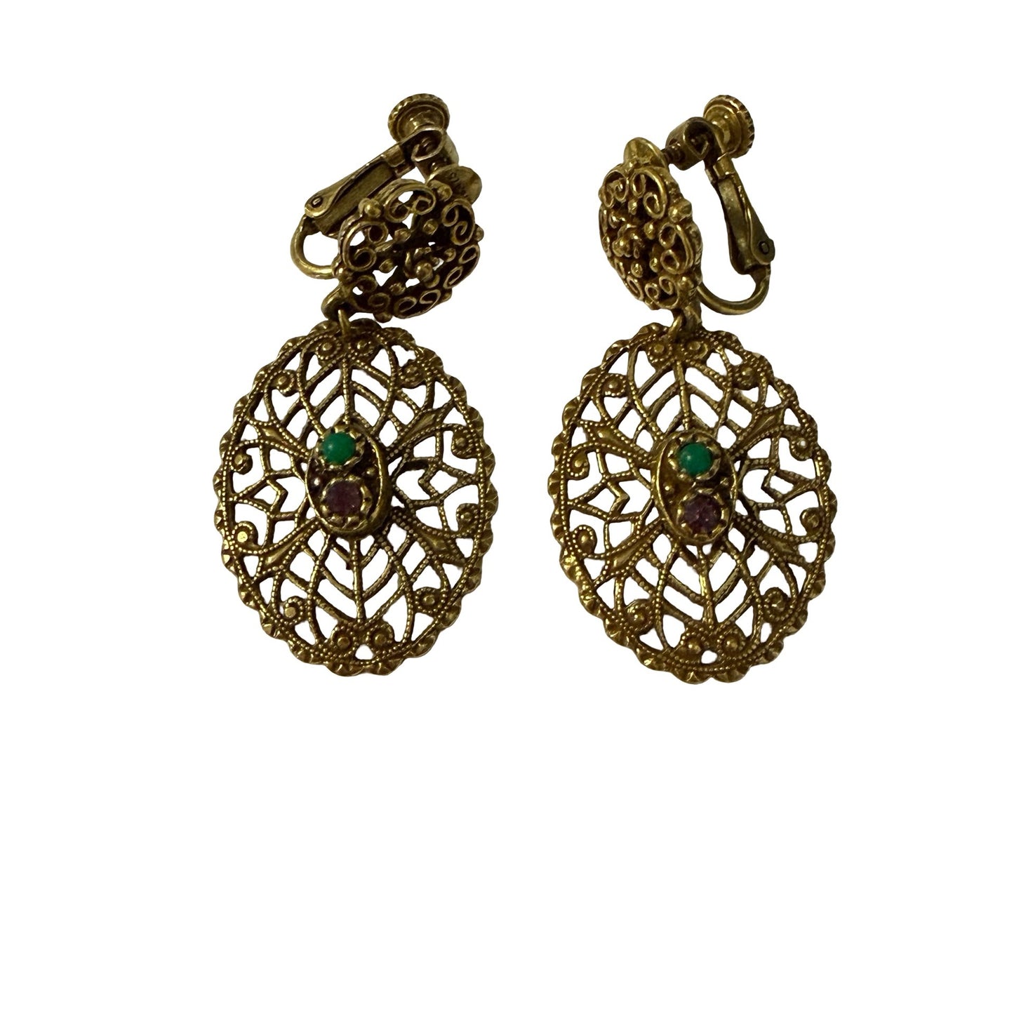 Vintage Gold Tone Filigree Screw Back Dangle Earrings Faux Turquoise Purple Cabochons 1.75"