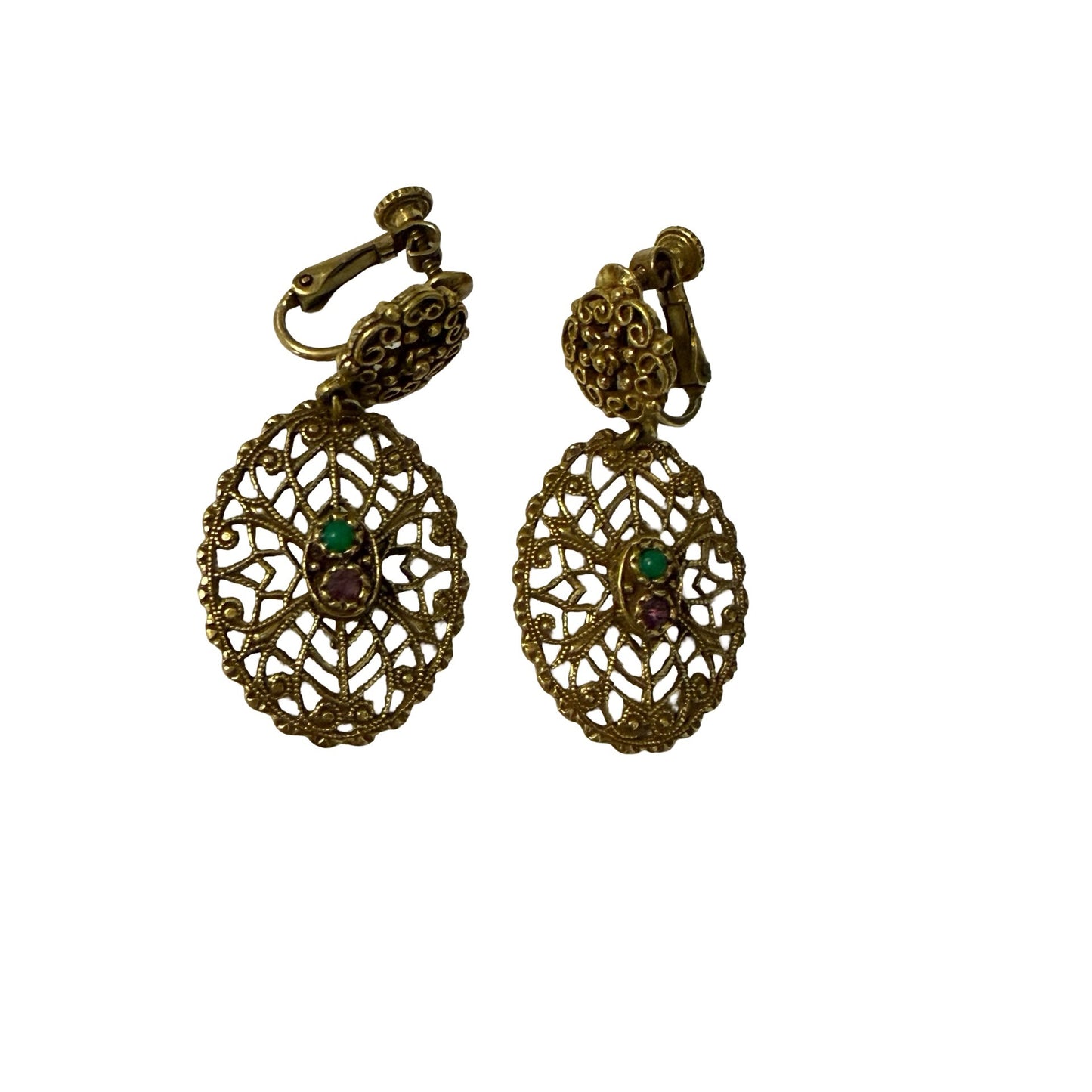 Vintage Gold Tone Filigree Screw Back Dangle Earrings Faux Turquoise Purple Cabochons 1.75"