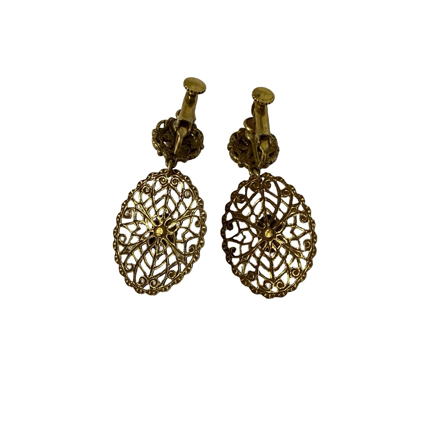 Vintage Gold Tone Filigree Screw Back Dangle Earrings Faux Turquoise Purple Cabochons 1.75"