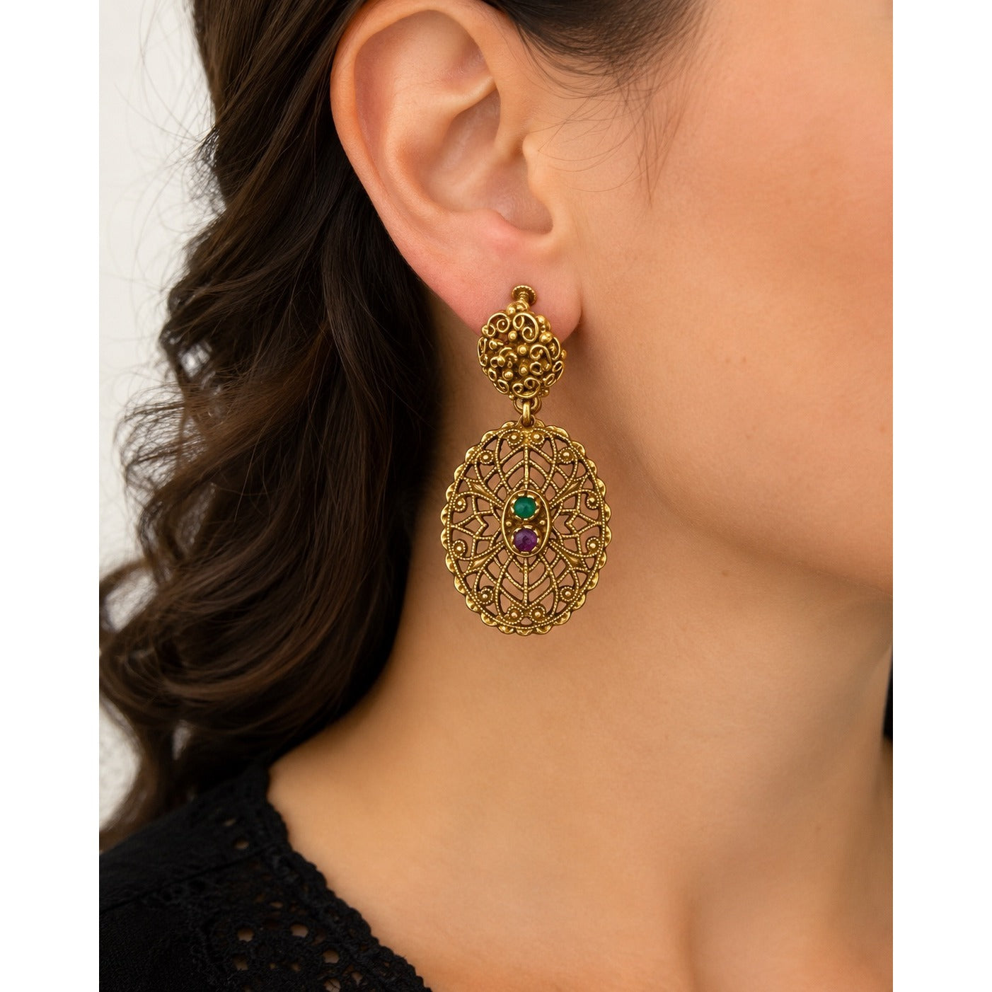 Vintage Gold Tone Filigree Screw Back Dangle Earrings Faux Turquoise Purple Cabochons 1.75"