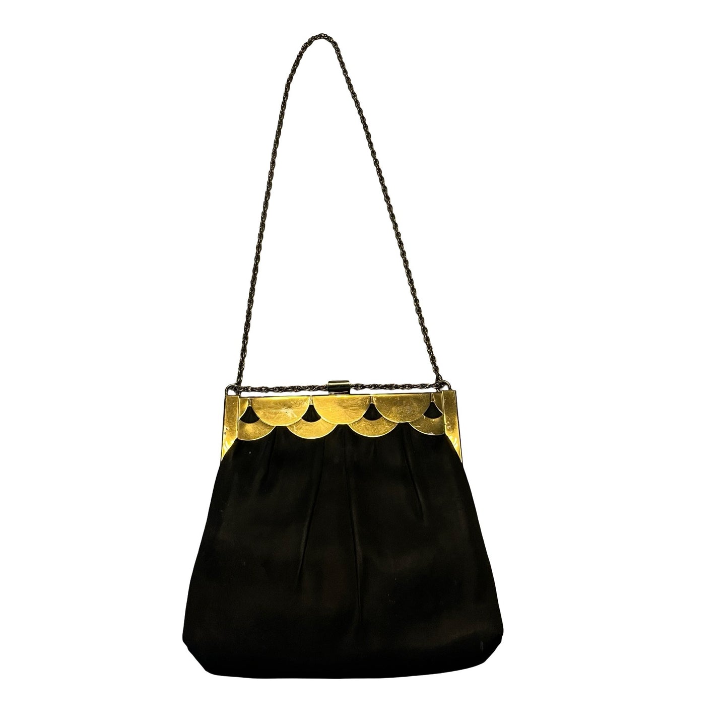 Vintage Black Satin Evening Bag Gold Frame Scalloped Clutch USA Elegant Formal Purse