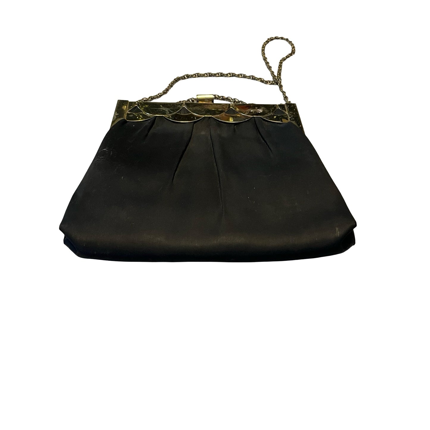Vintage Black Satin Evening Bag Gold Frame Scalloped Clutch USA Elegant Formal Purse
