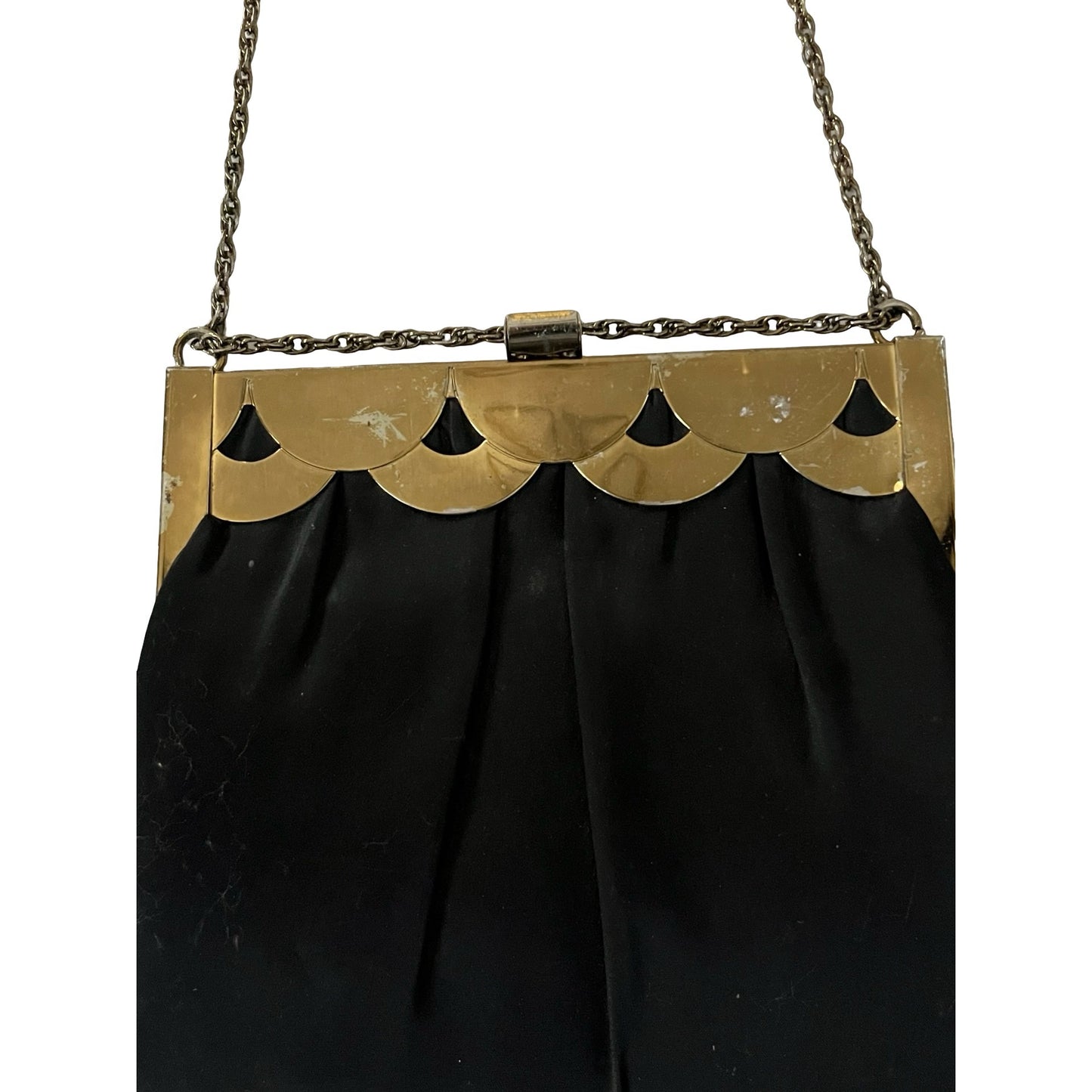 Vintage Black Satin Evening Bag Gold Frame Scalloped Clutch USA Elegant Formal Purse
