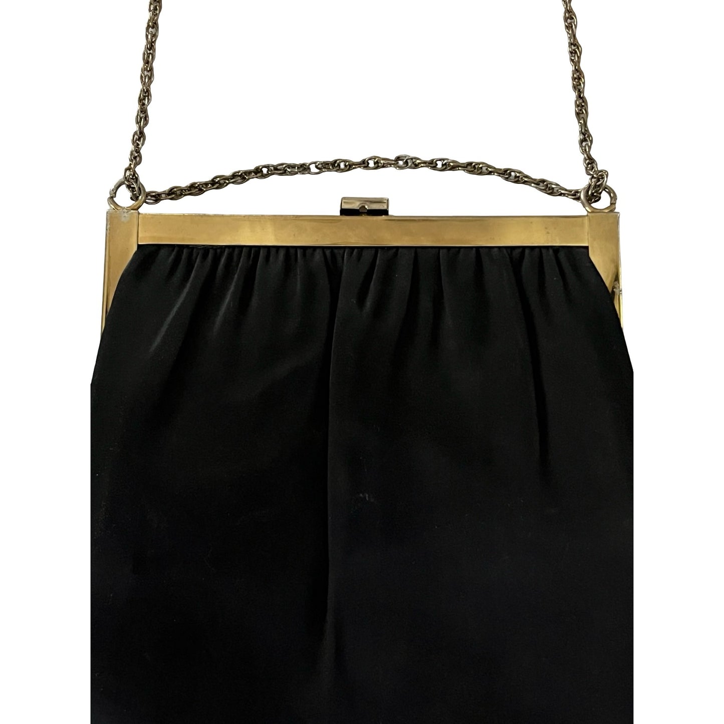 Vintage Black Satin Evening Bag Gold Frame Scalloped Clutch USA Elegant Formal Purse