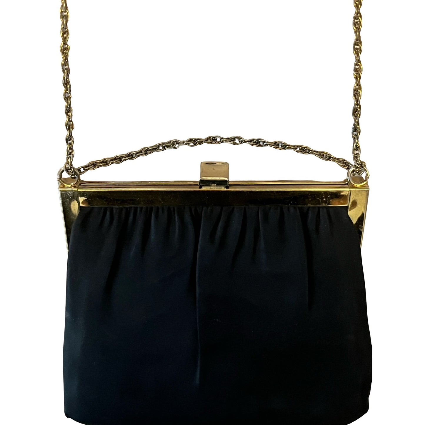 Vintage Black Satin Evening Bag Gold Frame Scalloped Clutch USA Elegant Formal Purse
