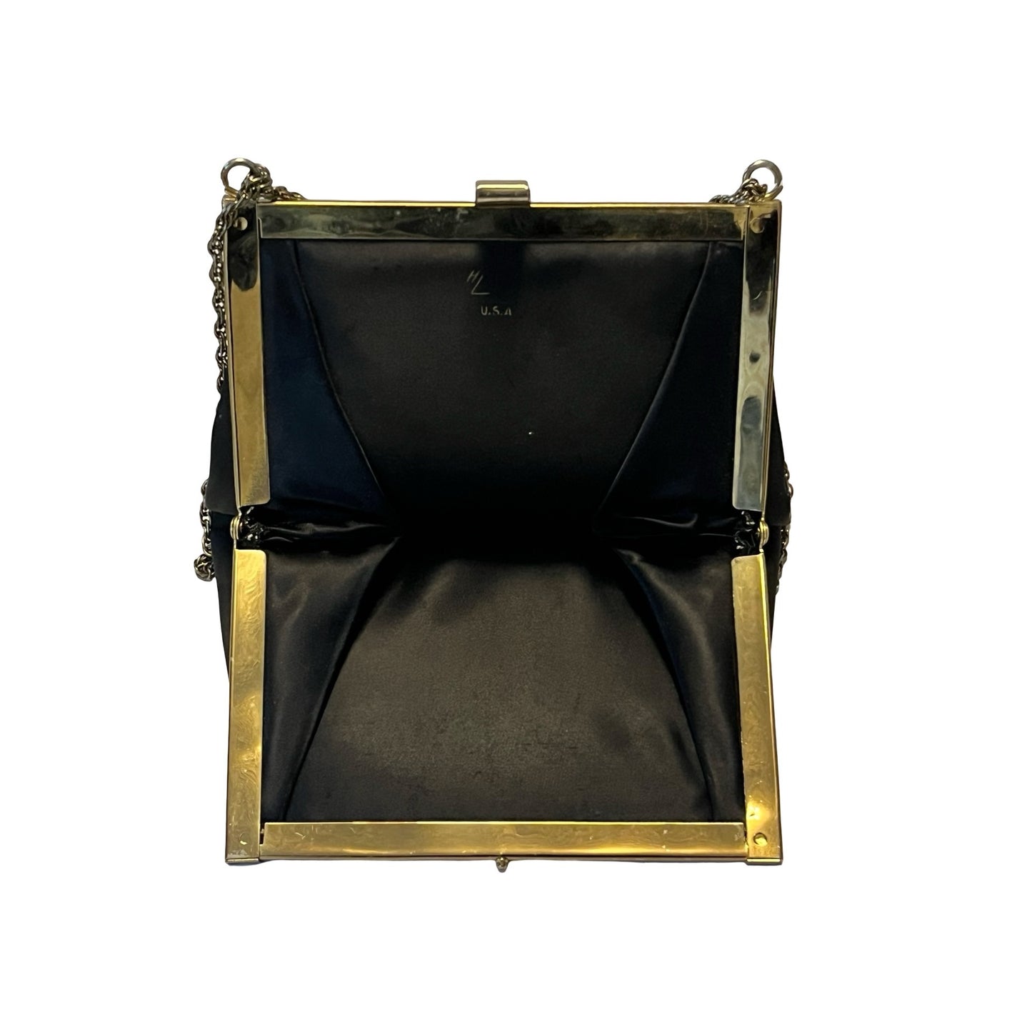 Vintage Black Satin Evening Bag Gold Frame Scalloped Clutch USA Elegant Formal Purse