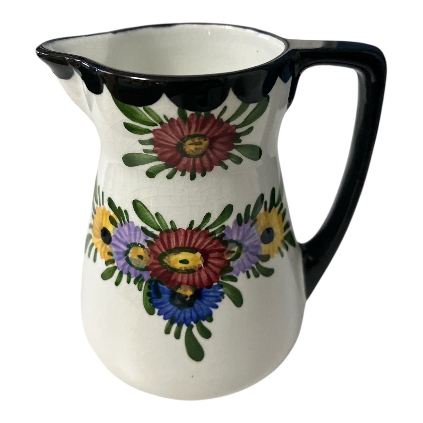 Vintage German Hand-Painted Floral Ceramic Pitcher 5” – Crackle Glaze, Black Rim (1950s–1970s)