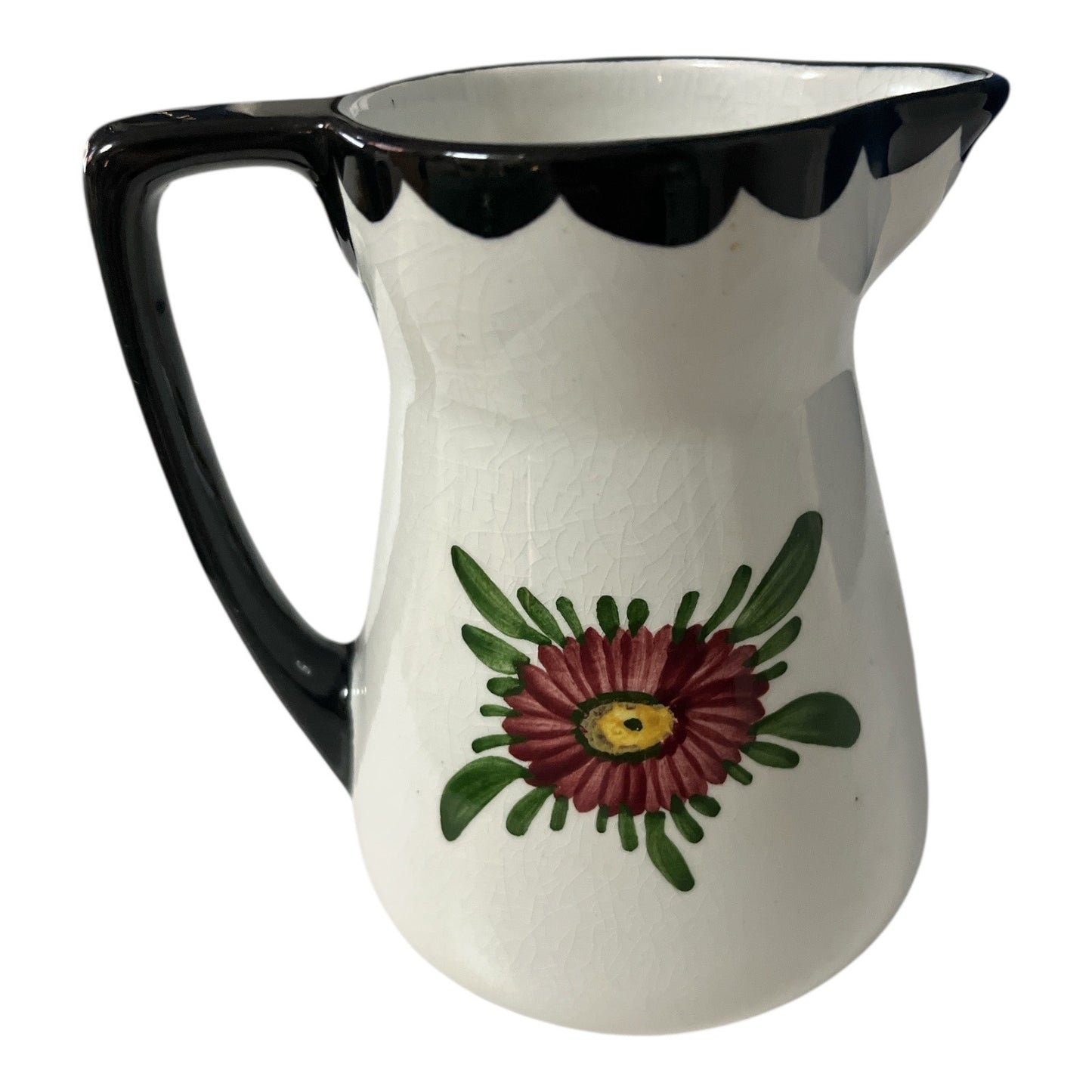 Vintage German Hand-Painted Floral Ceramic Pitcher 5” – Crackle Glaze, Black Rim (1950s–1970s)