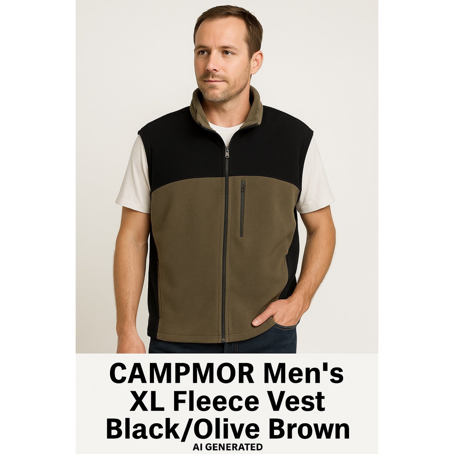 Campmor Men’s XL Fleece Vest – Brown & Black Zip Front Outdoor Layer – Vtg 2000s