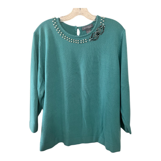 Vtg Koret Woman 2X Teal Sweater – Pearl & Bead Embellished Collar, 100% Acrylic, 1990s