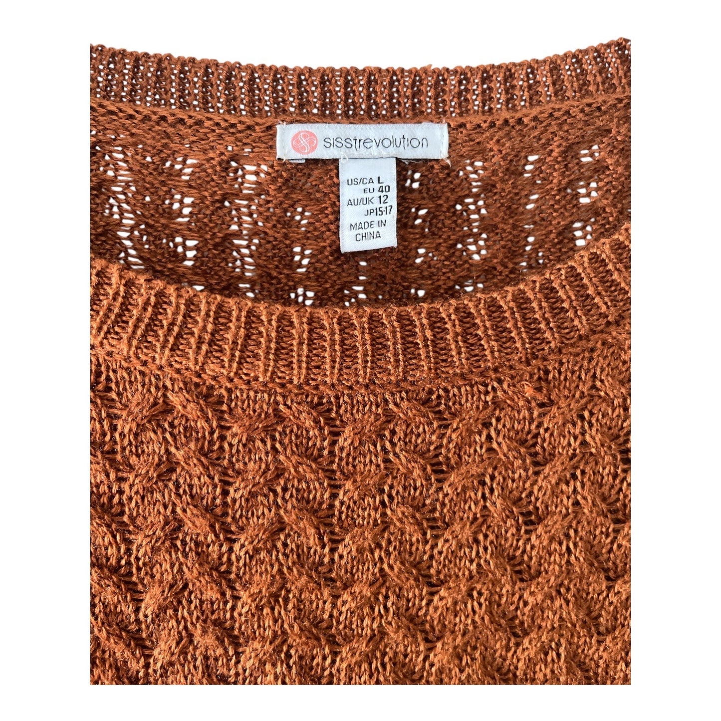 Sisstrevolution Women’s Size L Knit Sweater – Rust Brown with Striped Sleeves