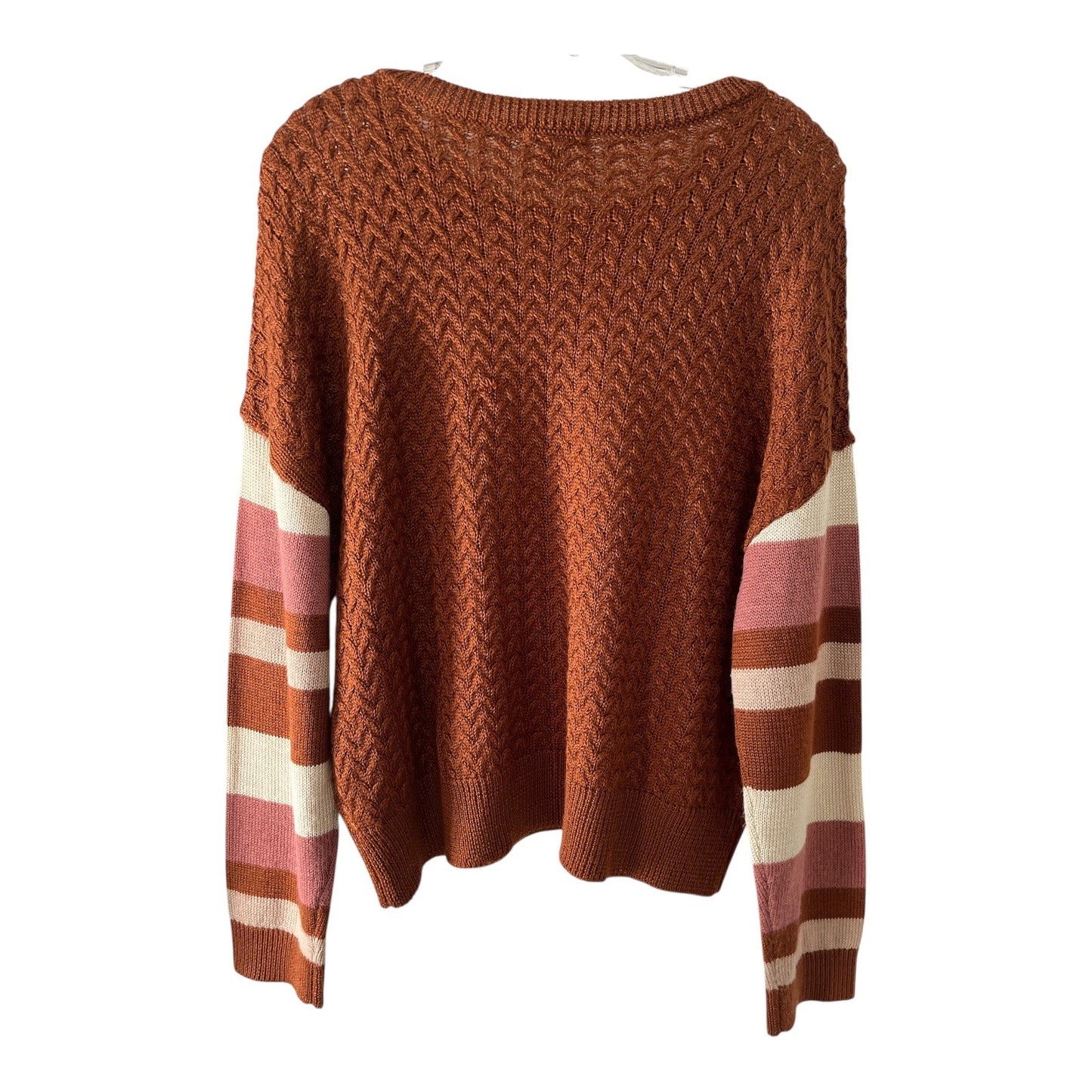 Sisstrevolution Women’s Size L Knit Sweater – Rust Brown with Striped Sleeves