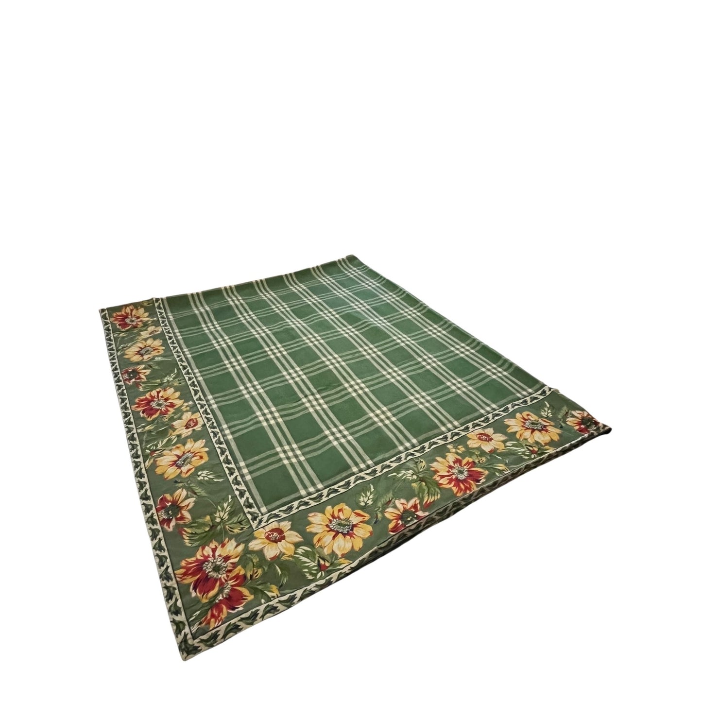 Williams Sonoma Green Plaid Floral Border Tablecloth Provence French Country Cotton 64x80