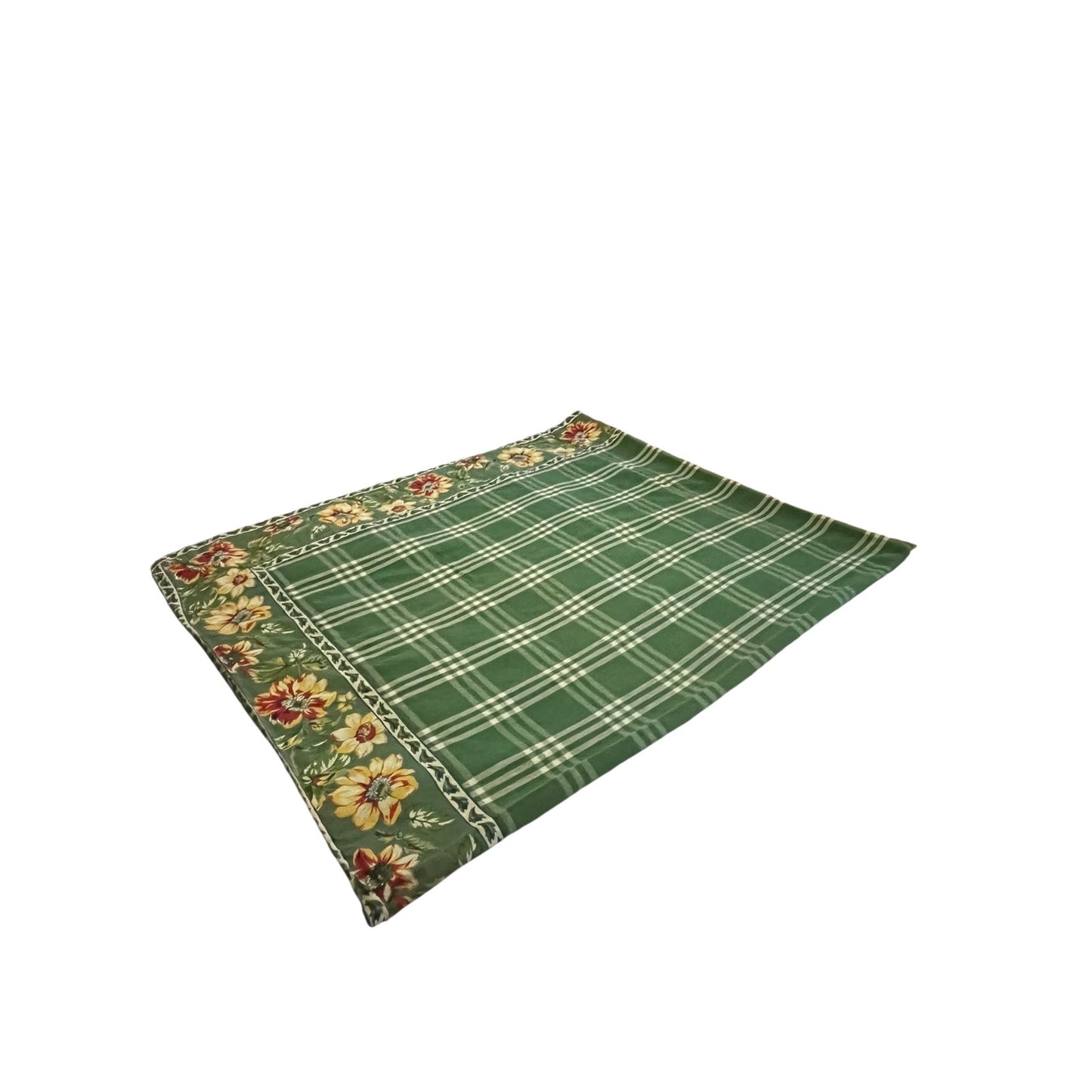 Williams Sonoma Green Plaid Floral Border Tablecloth Provence French Country Cotton 64x80