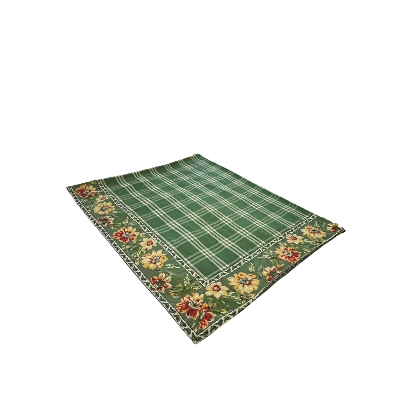 Williams Sonoma Green Plaid Floral Border Tablecloth Provence French Country Cotton 64x80