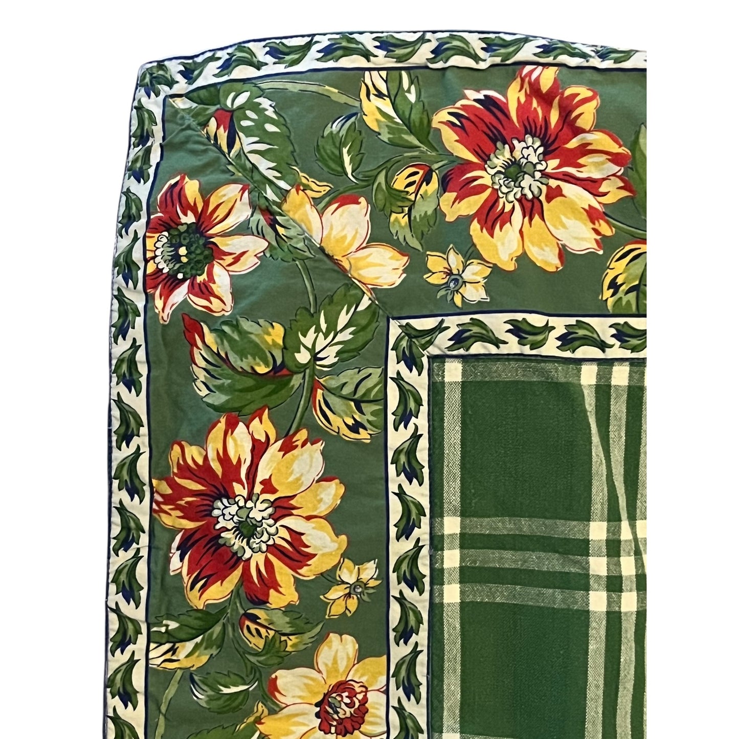 Williams Sonoma Green Plaid Floral Border Tablecloth Provence French Country Cotton 64x80