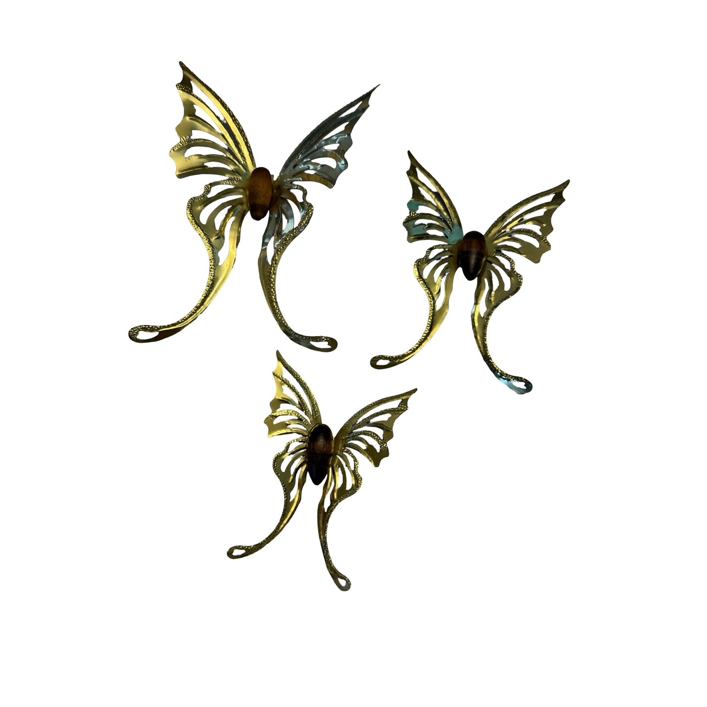Lot of 3 Brass & Wood Butterfly Wall Hangings Mid Century Modern Style Metal Decor
