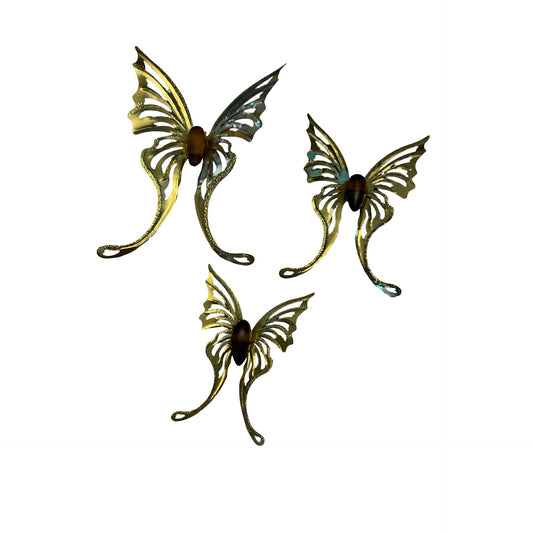 Lot of 3 Brass & Wood Butterfly Wall Hangings Mid Century Modern Style Metal Decor