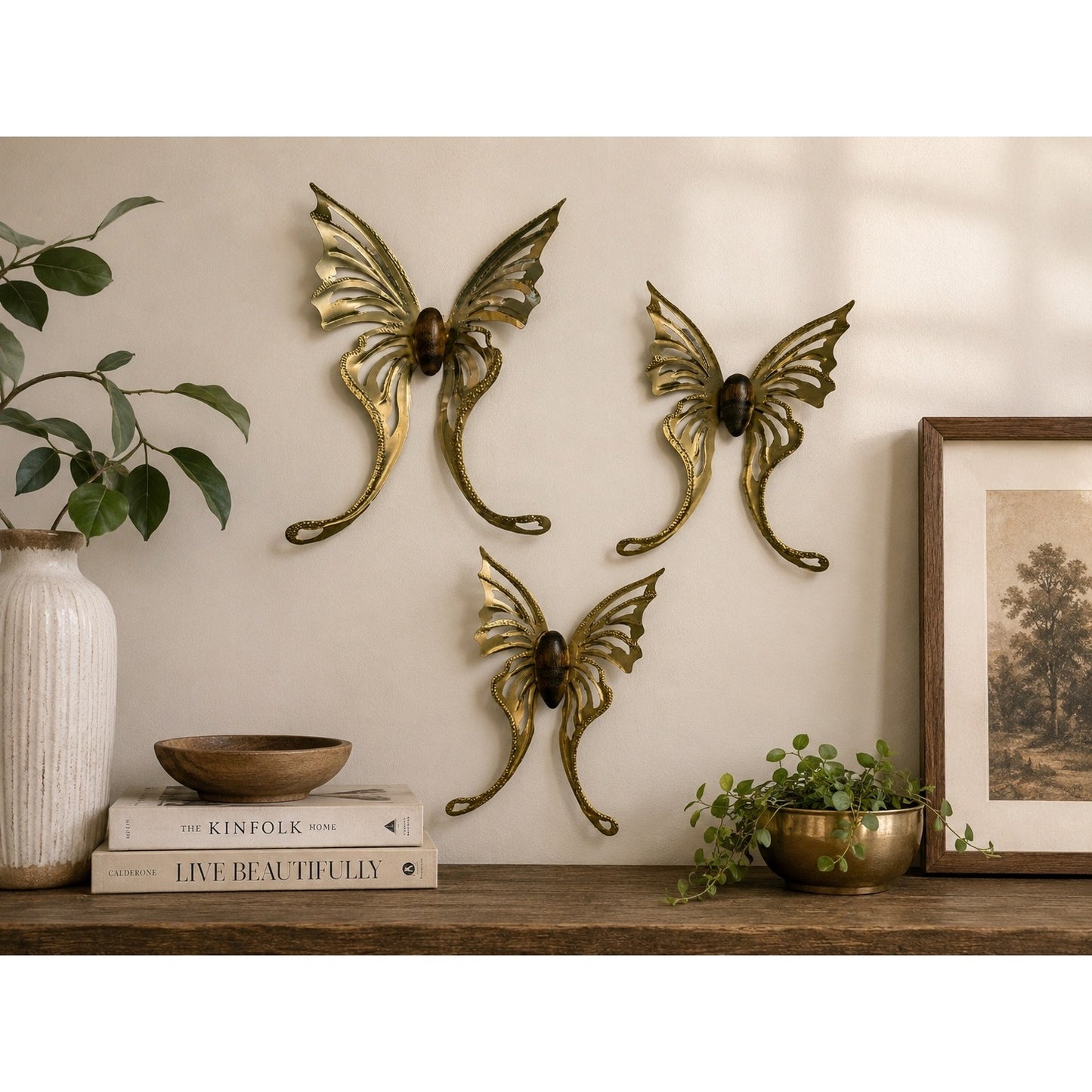 Lot of 3 Brass & Wood Butterfly Wall Hangings Mid Century Modern Style Metal Decor
