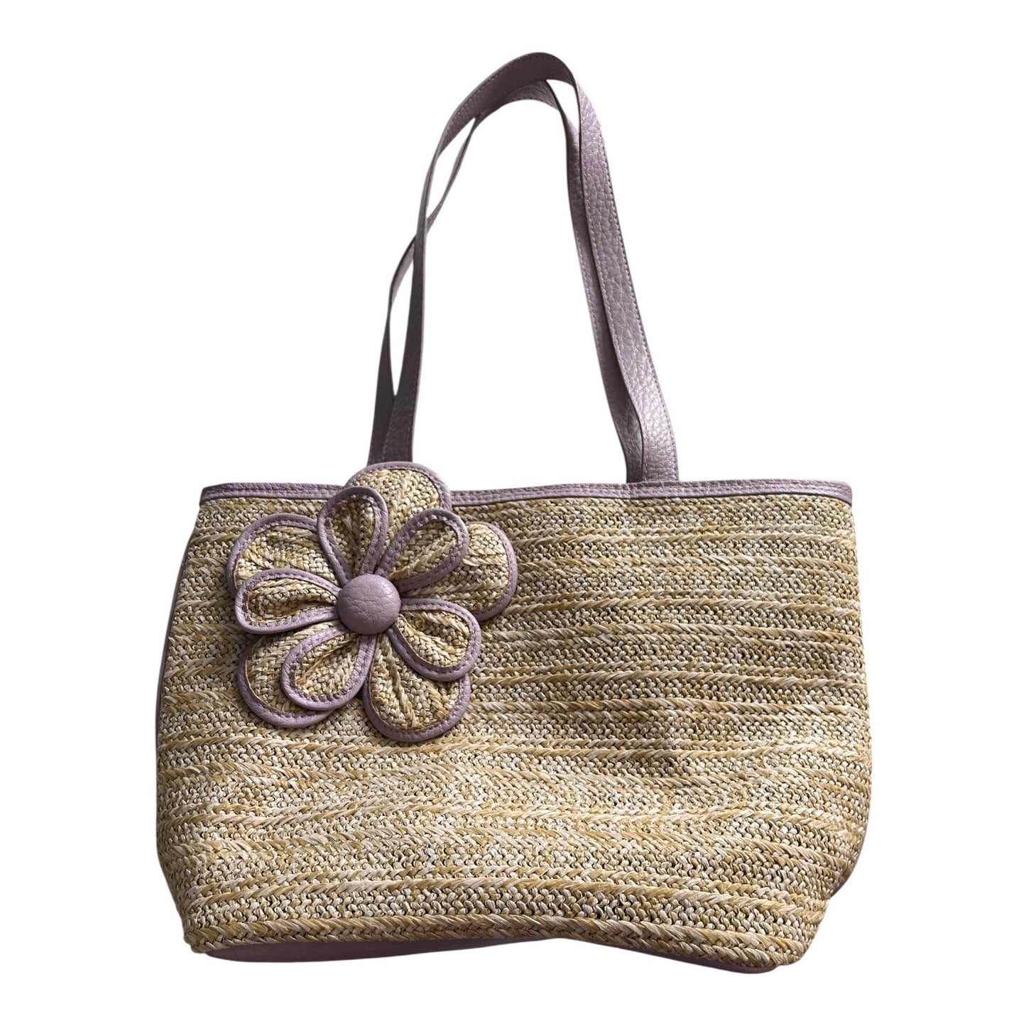 Bueno Straw Tote Bag Purple Faux Leather Flower Accent Mid 2000s Summer Beach Purse