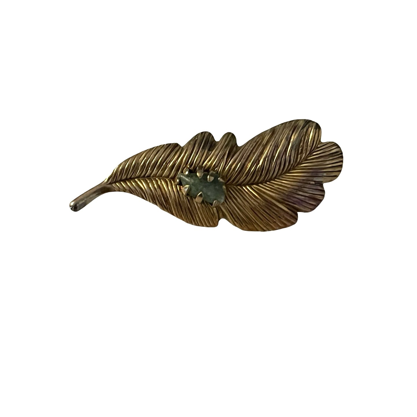 Vintage Gold Tone Leaf Brooch Green Stone Feather Pin Textured Metal