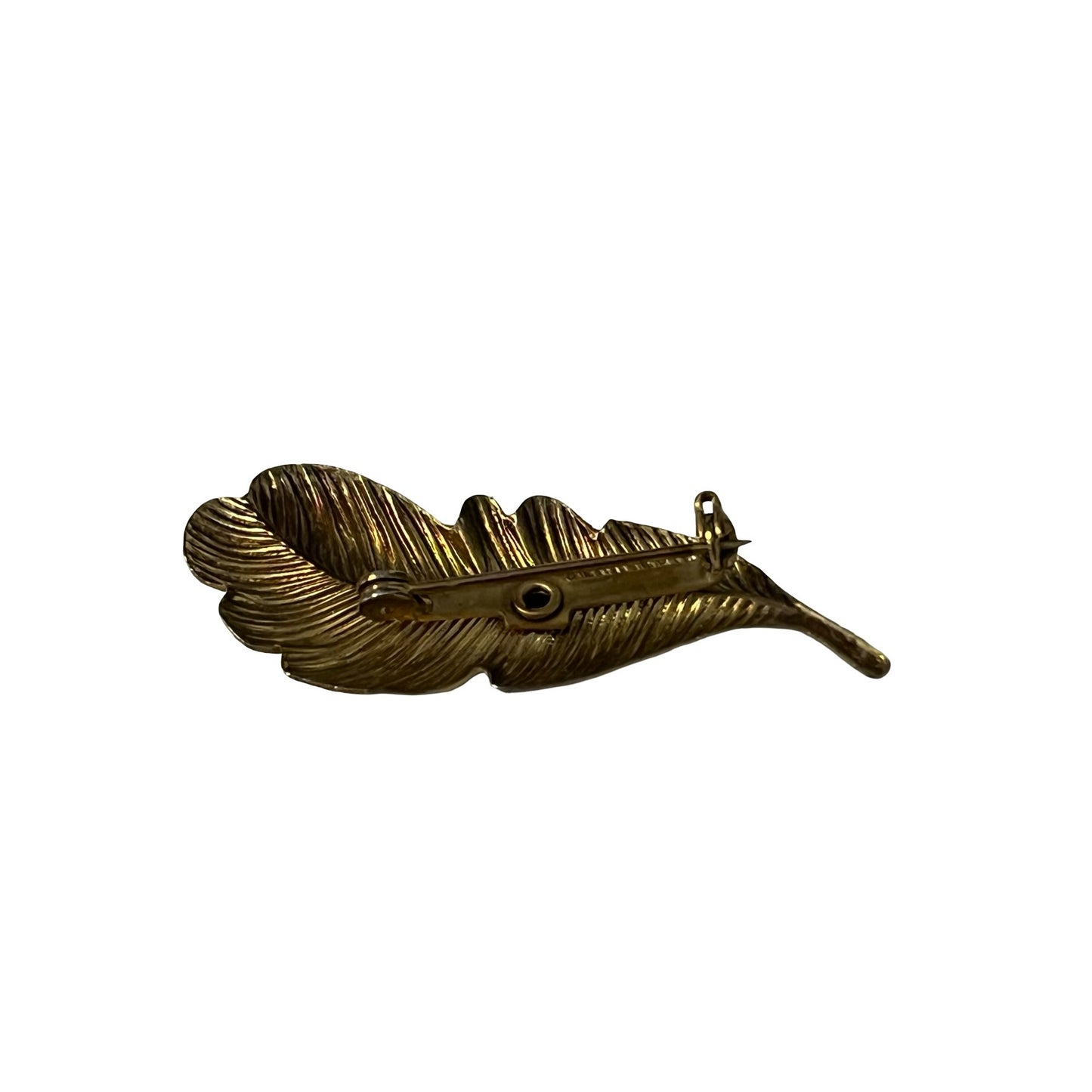 Vintage Gold Tone Leaf Brooch Green Stone Feather Pin Textured Metal