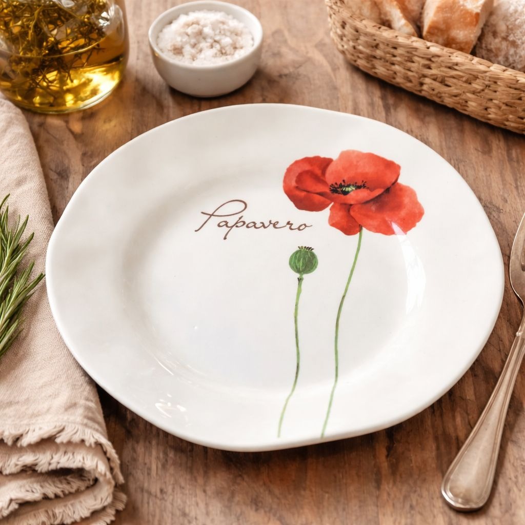 Opificio Etico Papavero Poppy Plate – 9” Ceramic – Made in Italy – Red Floral Design