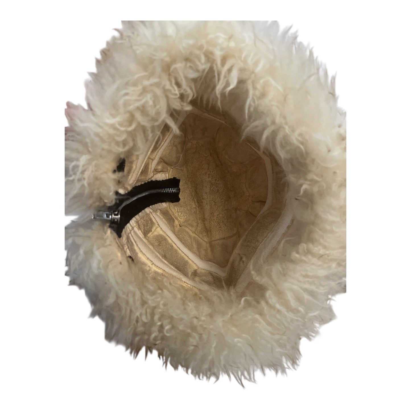 Vintage Shearling Hat | Real Lamb Fur | Round Cossack Style | Zipper Back | Ivory | 22" Circ