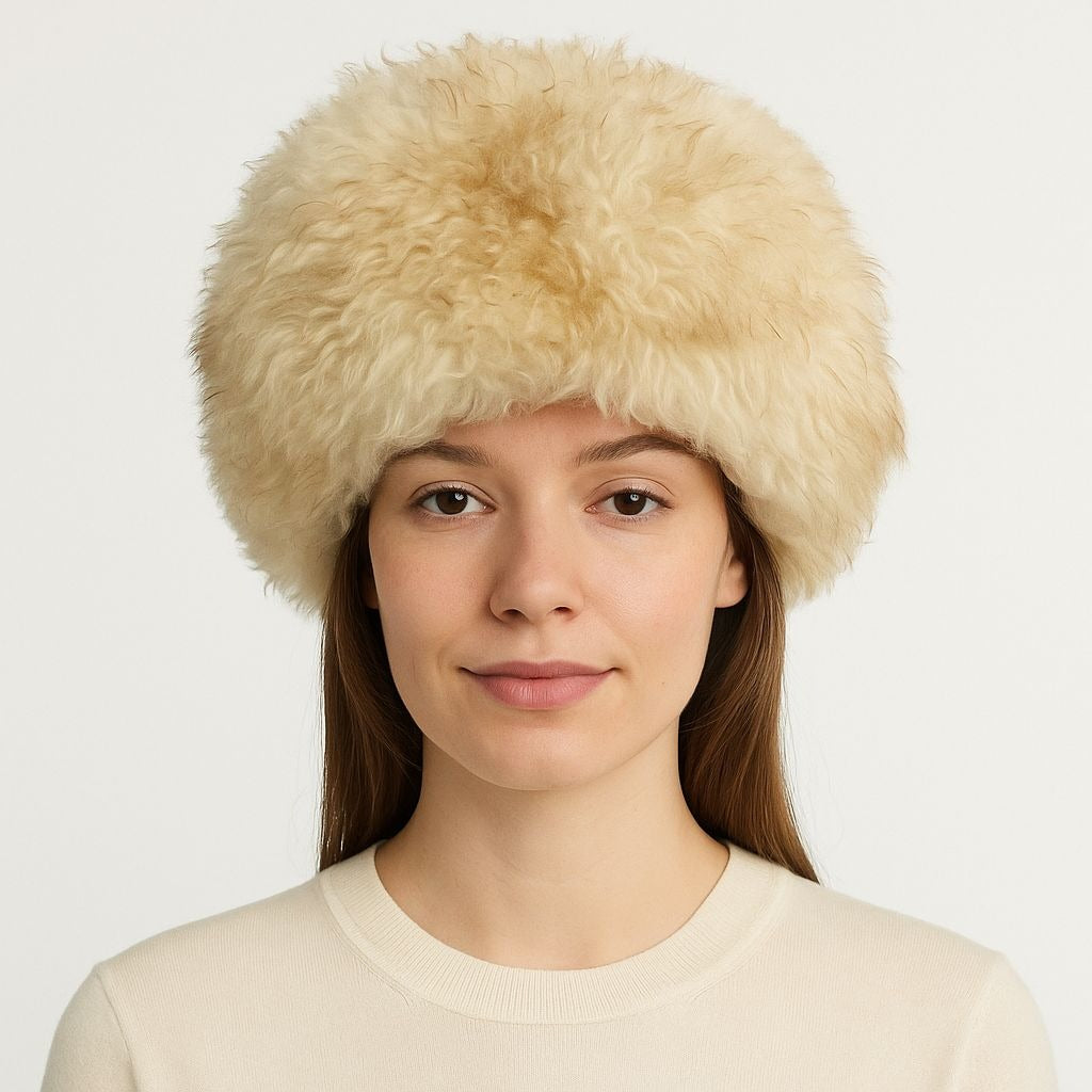 Vintage Shearling Hat | Real Lamb Fur | Round Cossack Style | Zipper Back | Ivory | 22" Circ