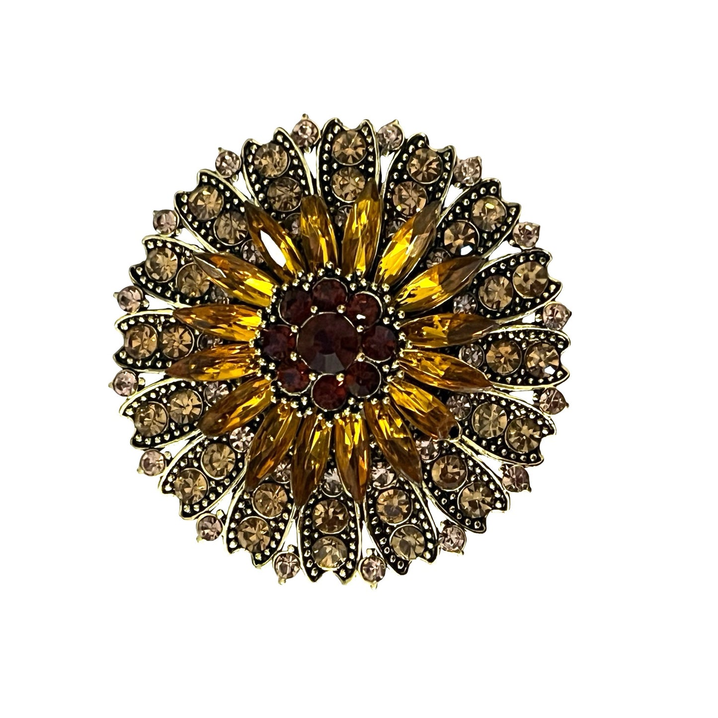 Vintage Style Amber Rhinestone Sunburst Brooch Gold Tone Floral Pin Mid 2000s Statement