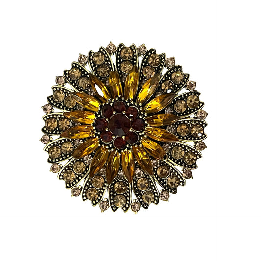 Vintage Style Amber Rhinestone Sunburst Brooch Gold Tone Floral Pin Mid 2000s Statement