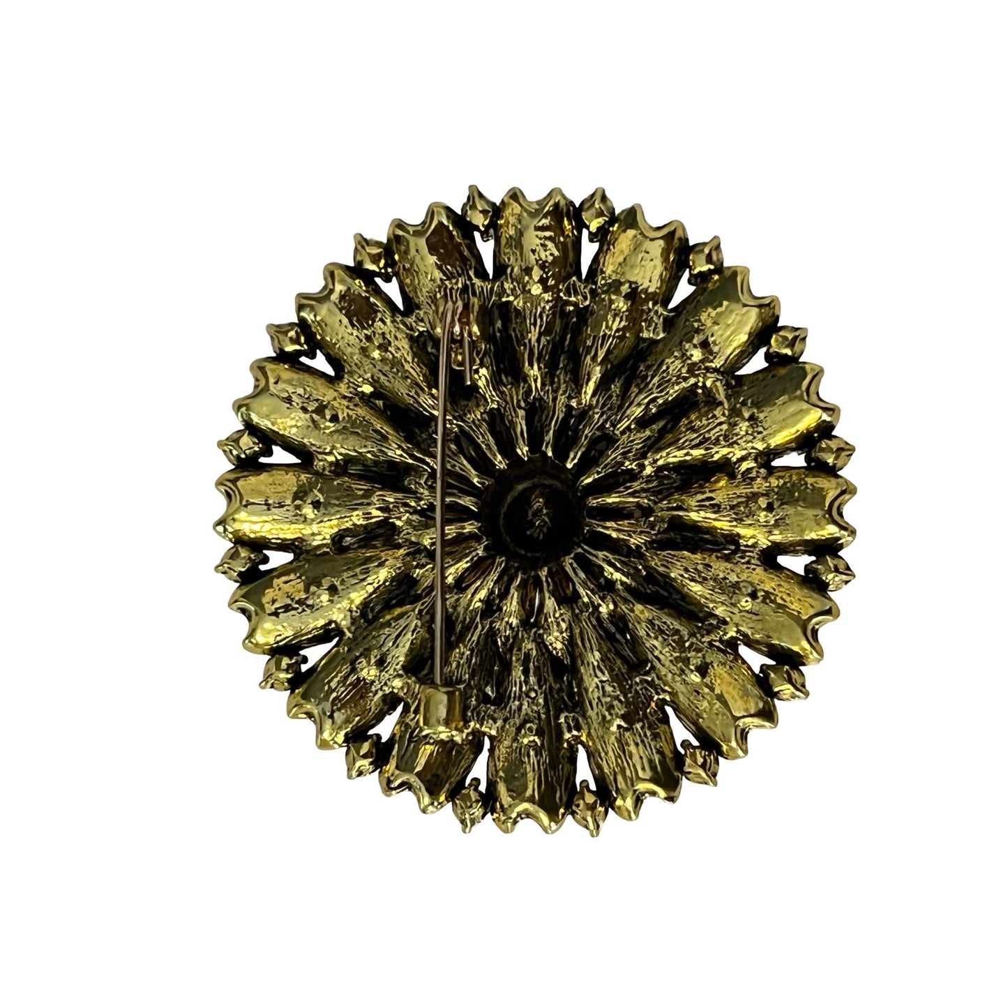 Vintage Style Amber Rhinestone Sunburst Brooch Gold Tone Floral Pin Mid 2000s Statement
