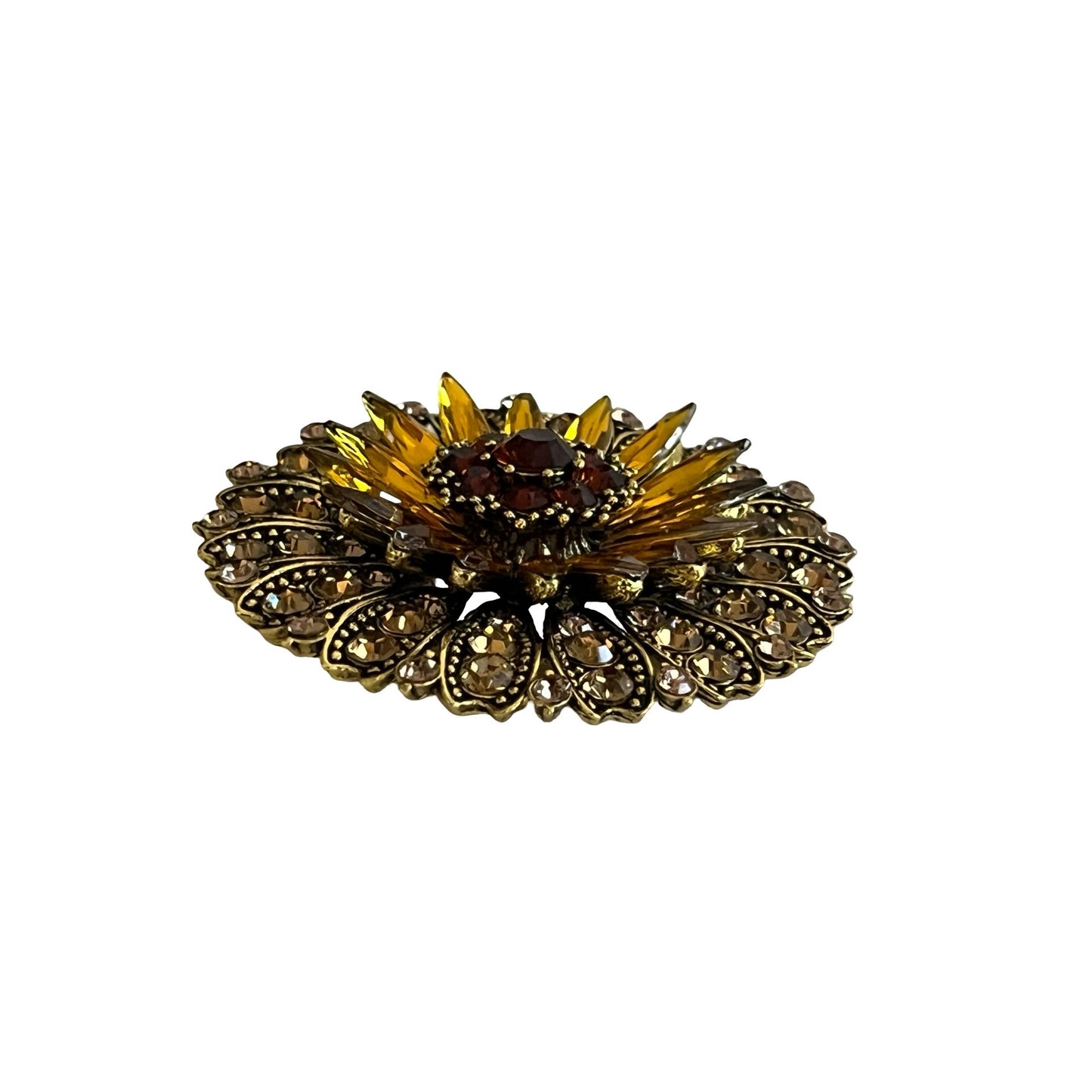 Vintage Style Amber Rhinestone Sunburst Brooch Gold Tone Floral Pin Mid 2000s Statement