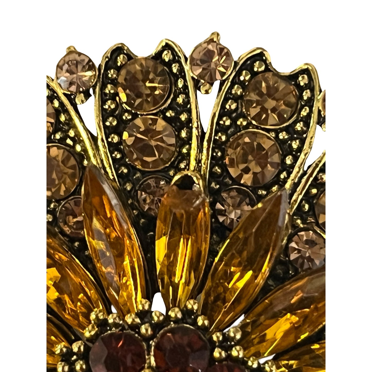 Vintage Style Amber Rhinestone Sunburst Brooch Gold Tone Floral Pin Mid 2000s Statement