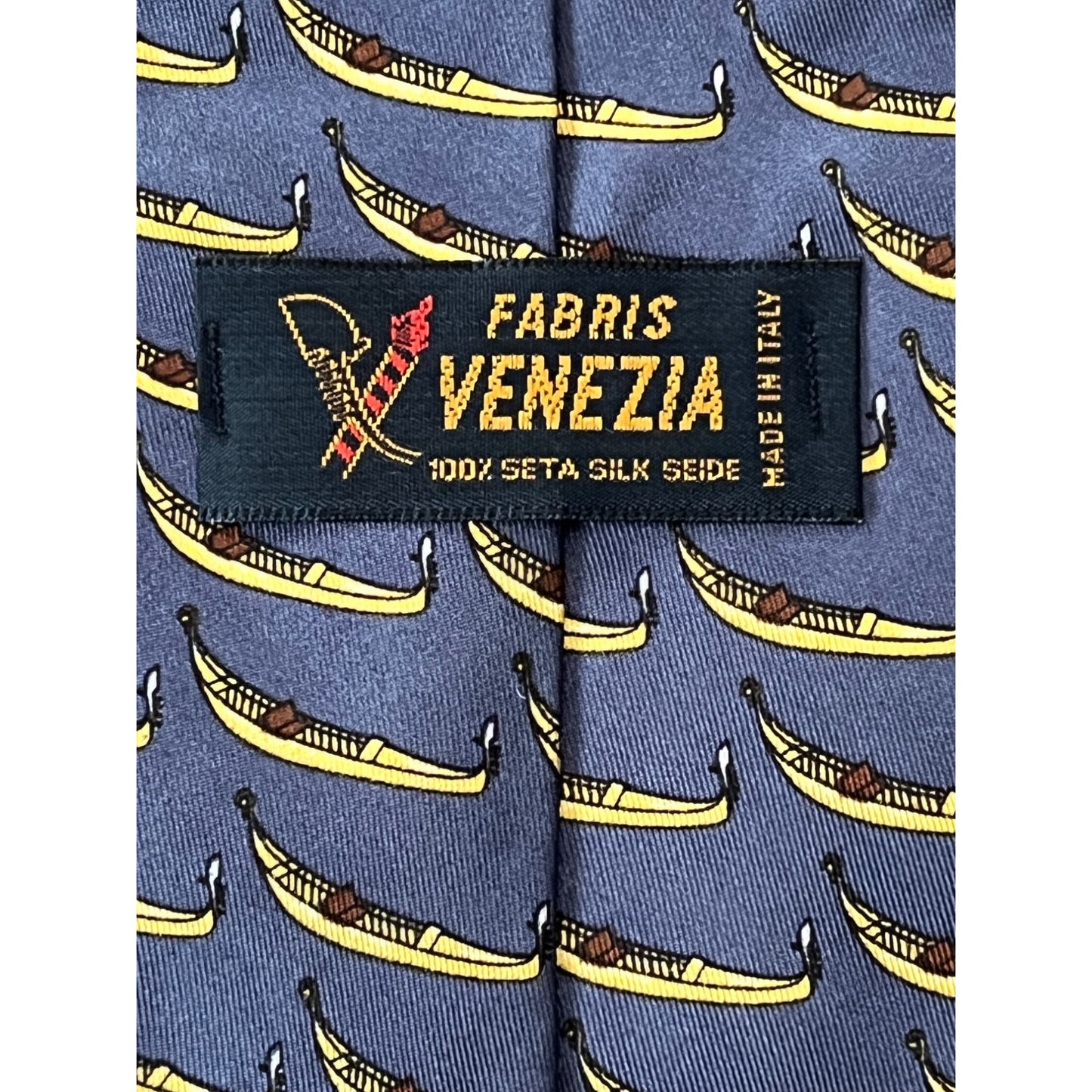 Fabris Venezia Gondola Print Silk Tie Blue Gold Italian Novelty Necktie