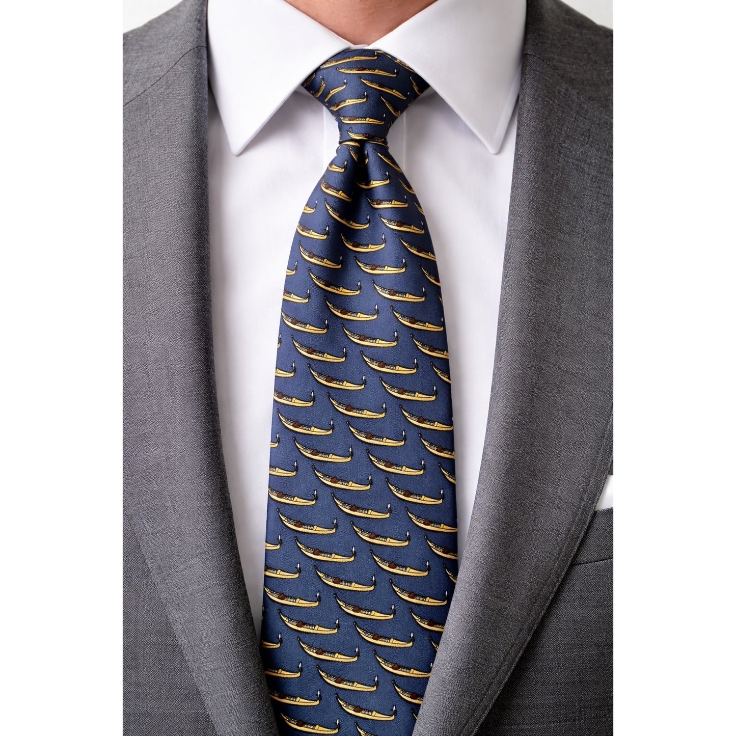 Fabris Venezia Gondola Print Silk Tie Blue Gold Italian Novelty Necktie