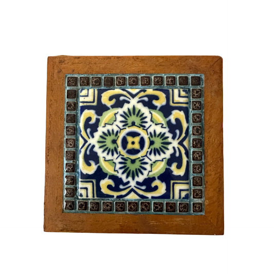 Vintage Framed Ceramic Tile Trivet Blue Green Floral Mosaic Design 7x7