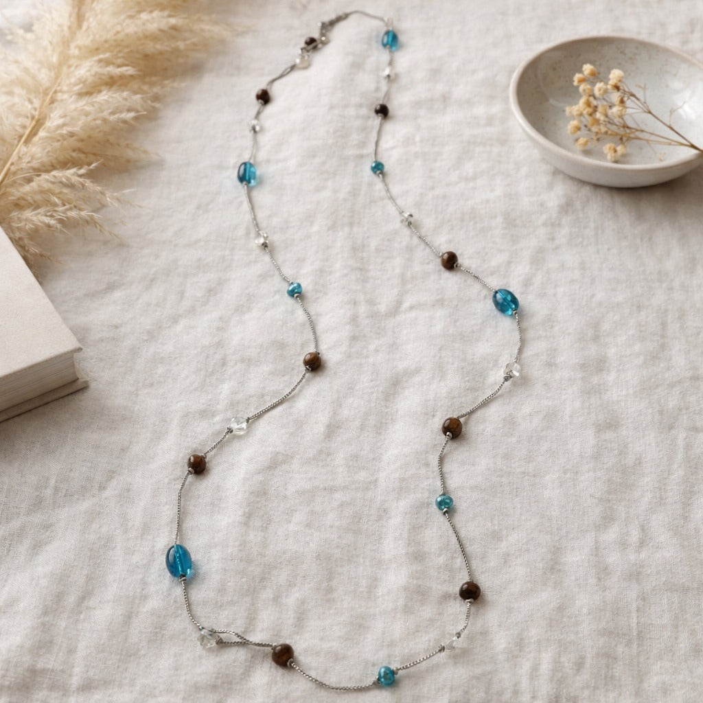 Long Beaded Necklace 60 Inch Silver Tone Blue Glass Brown Beads Station Style Y2K