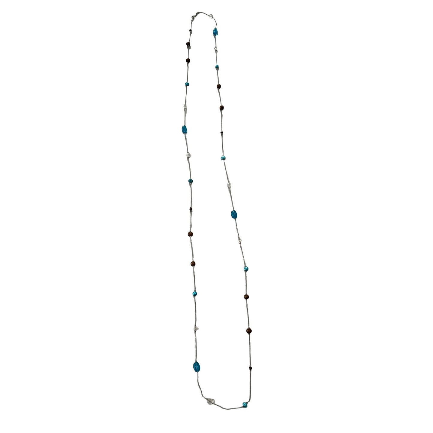 Long Beaded Necklace 60 Inch Silver Tone Blue Glass Brown Beads Station Style Y2K