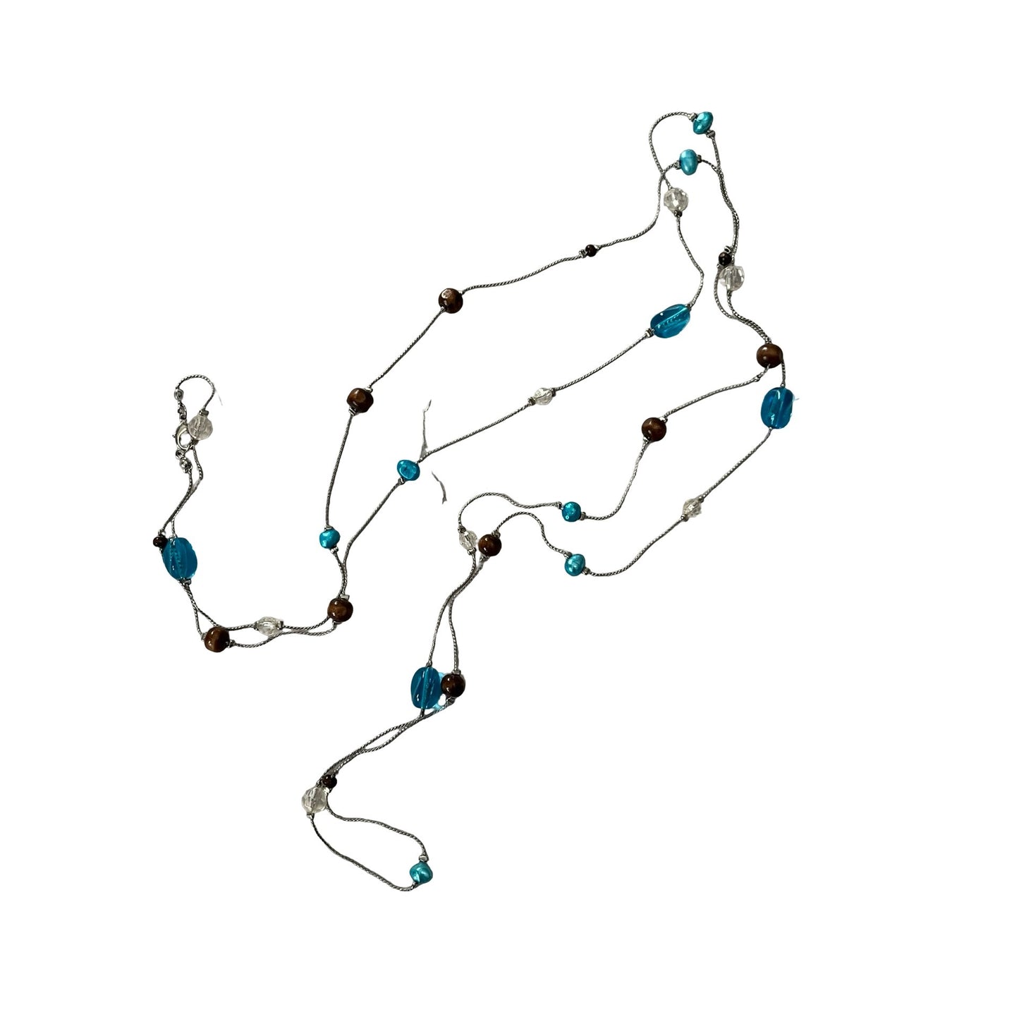 Long Beaded Necklace 60 Inch Silver Tone Blue Glass Brown Beads Station Style Y2K