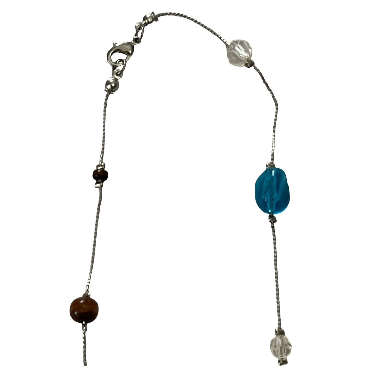 Long Beaded Necklace 60 Inch Silver Tone Blue Glass Brown Beads Station Style Y2K