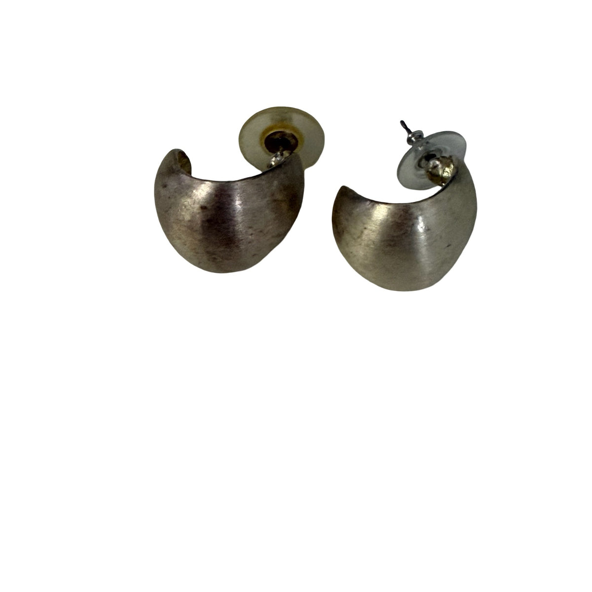 Vintage Chunky Silver Tone Modernist Crescent Pierced Earrings 1 Inch