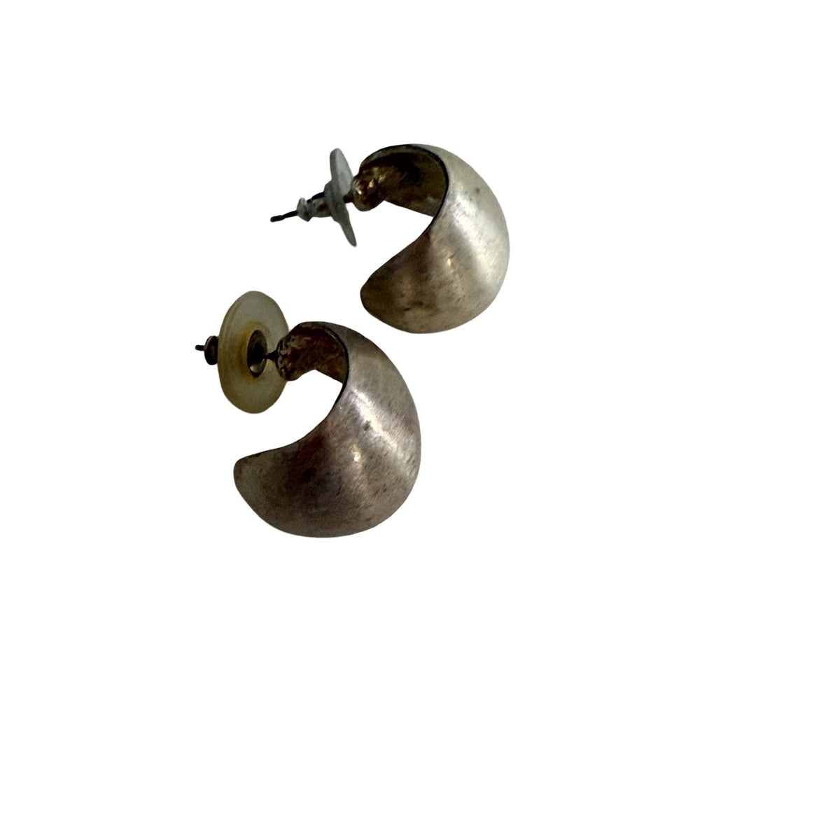 Vintage Chunky Silver Tone Modernist Crescent Pierced Earrings 1 Inch