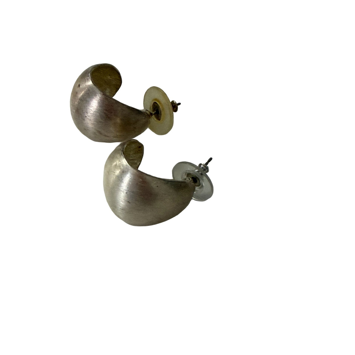 Vintage Chunky Silver Tone Modernist Crescent Pierced Earrings 1 Inch